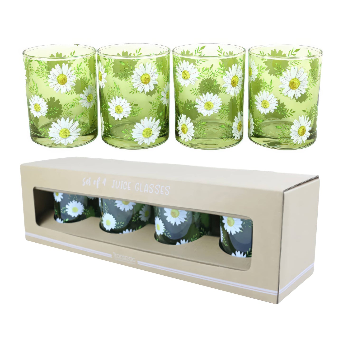 Glass Daisy Juice Glasses Set of 4 Wood Multicolored for Spring Serving and Entertaining