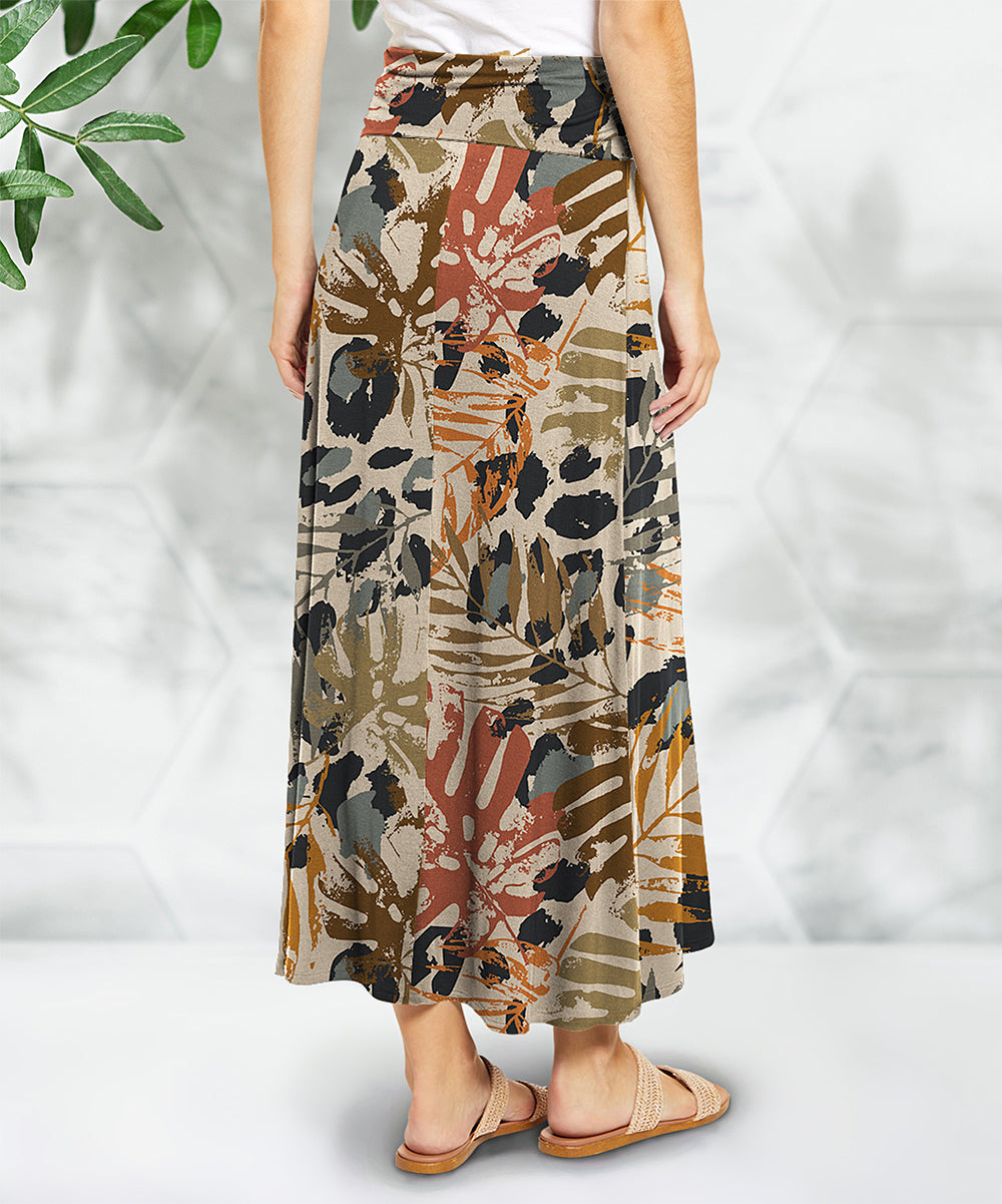 Dark Gray & Orange Leaf & Leopard Wide-Waistband Maxi Skirt - Women ...
